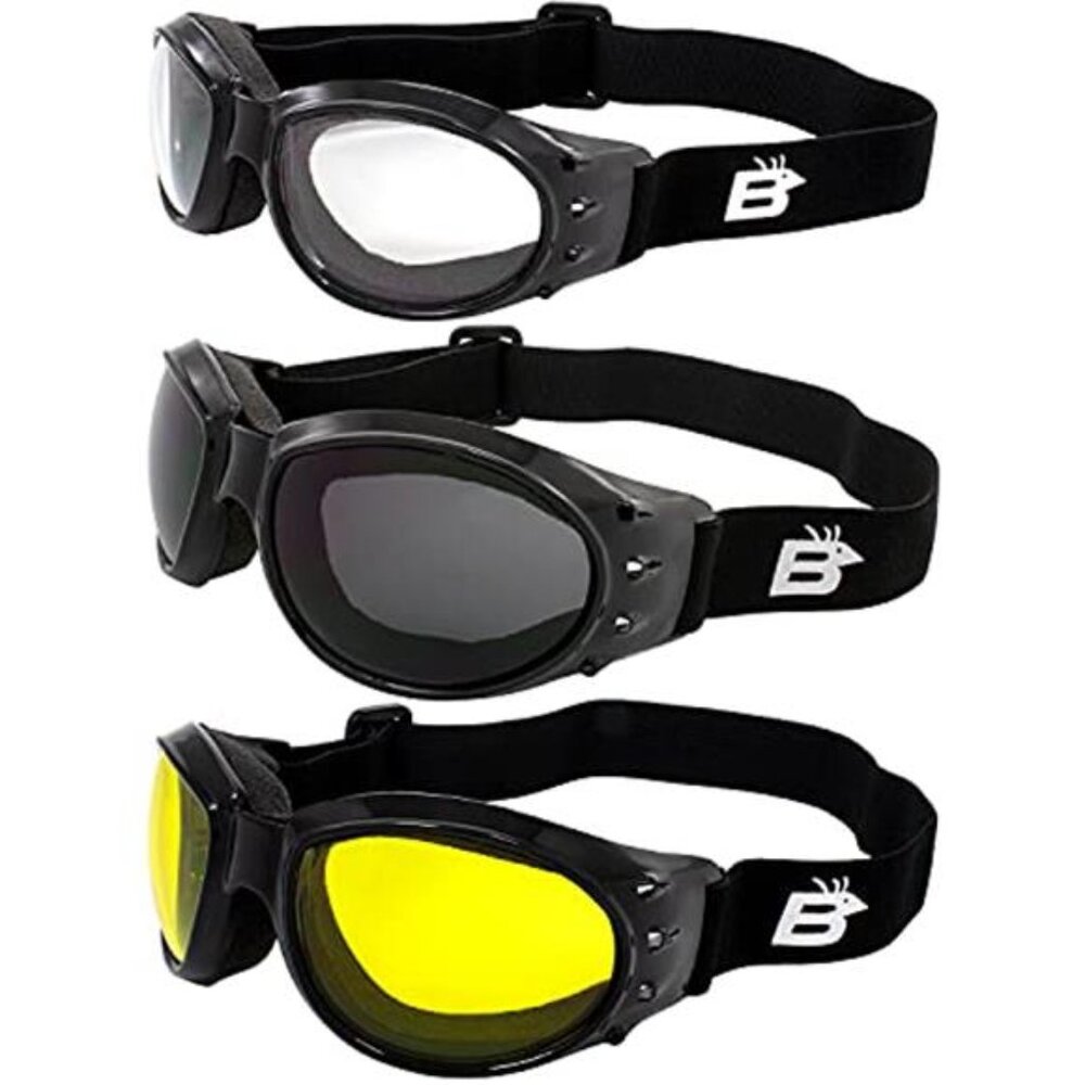 Motorcycle Goggles 3 Pack Clear Smoke Yellow Lenses Padded Riding